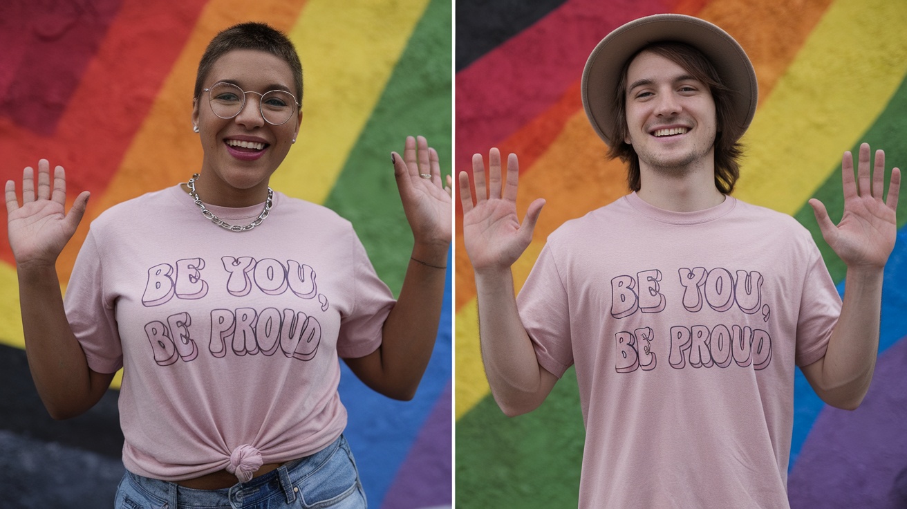 Two individuals wearing 'Be You, Be Proud' T-shirts against a rainbow background.