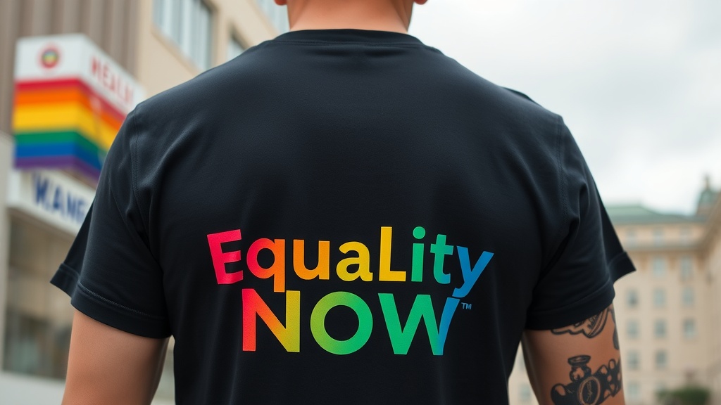A person wearing an Equality Now Pride T-Shirt with a rainbow design in a city setting.