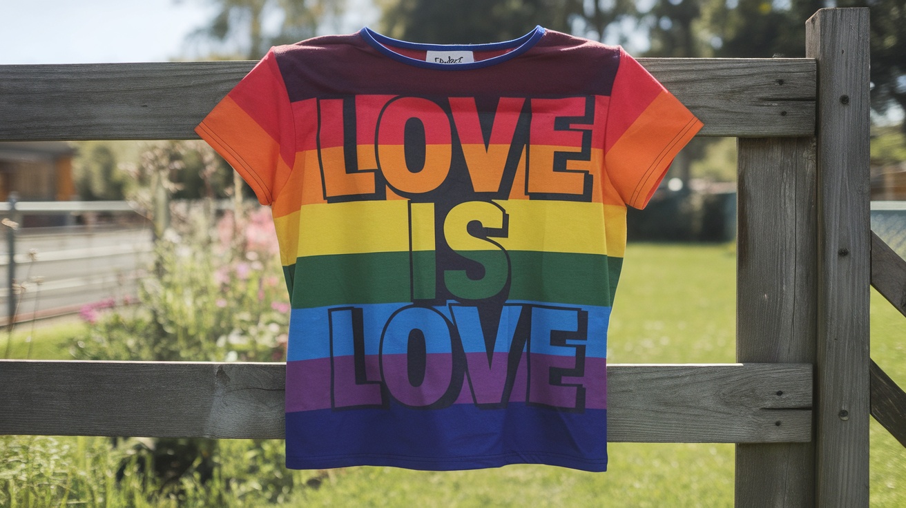 A rainbow colored crop top with the text 'Love is Love' hanging on a fence.