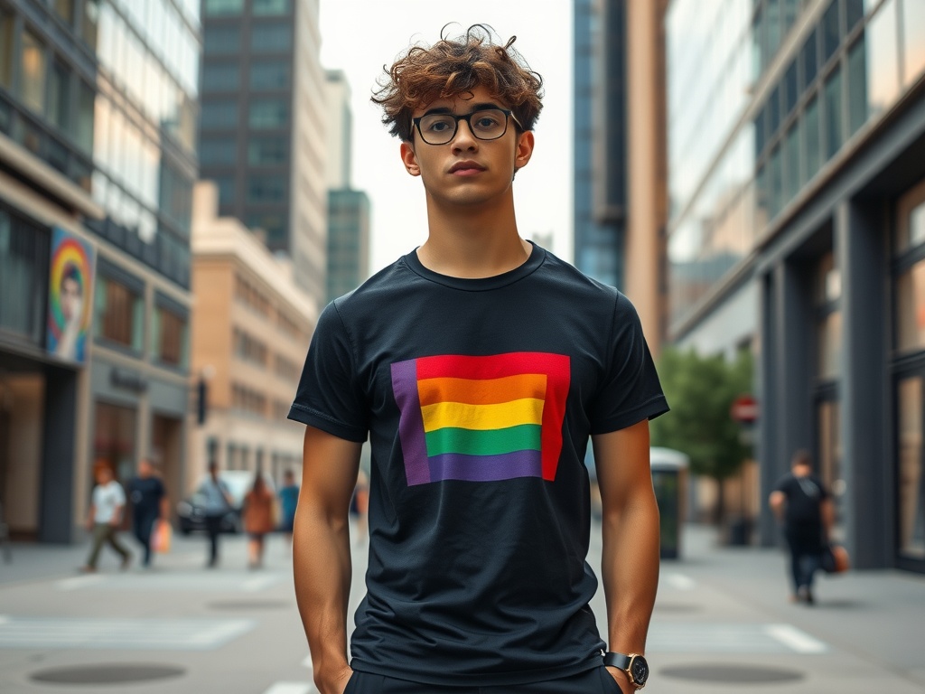 Young person wearing a rainbow flag t-shirt in an urban setting.