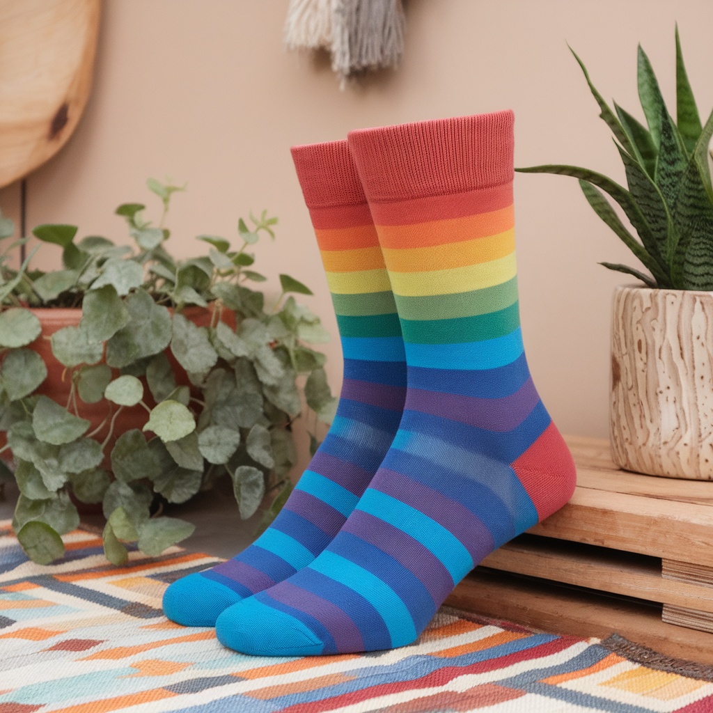 A pair of colorful rainbow striped socks placed on a wooden surface with plants in the background.