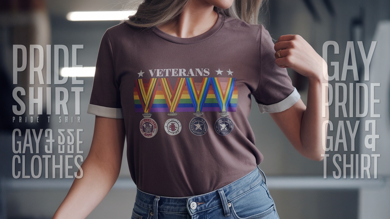 A person wearing an LGBTQ+ veteran pride shirt with colorful medals.