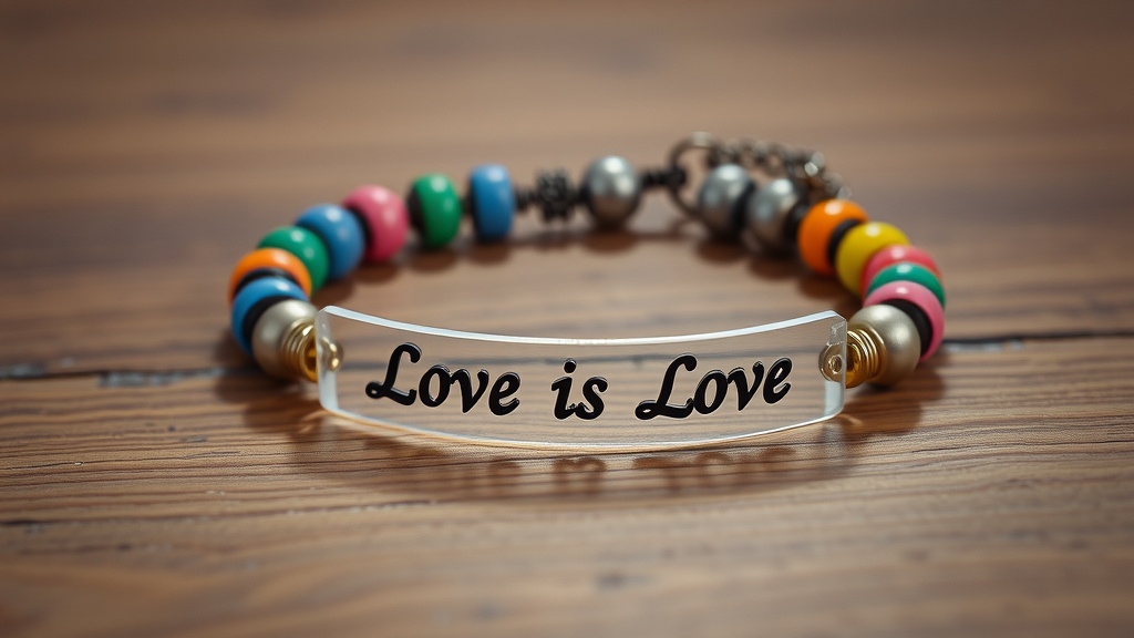 A colorful bracelet with the words 'Love is Love' on it.