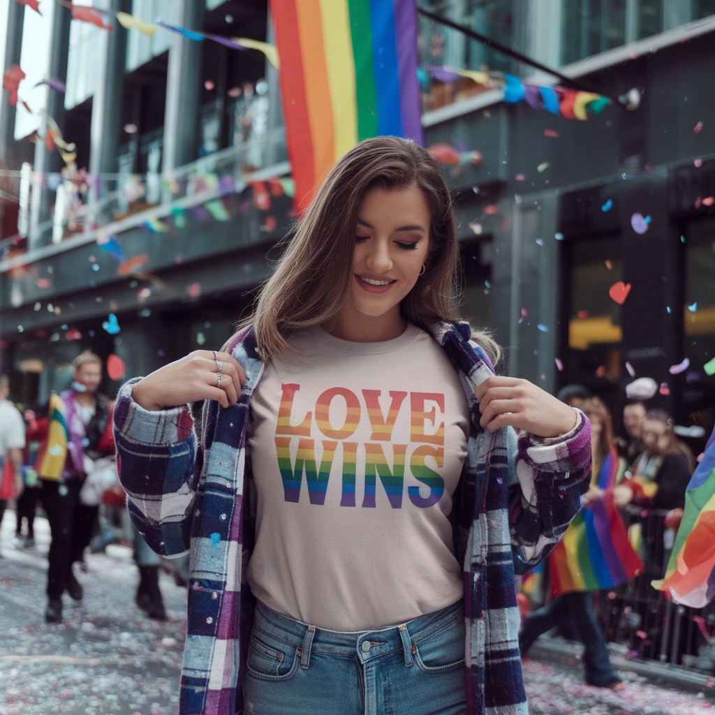 A person wearing a Love Wins pride shirt, smiling in a festive atmosphere with rainbow flags and confetti.