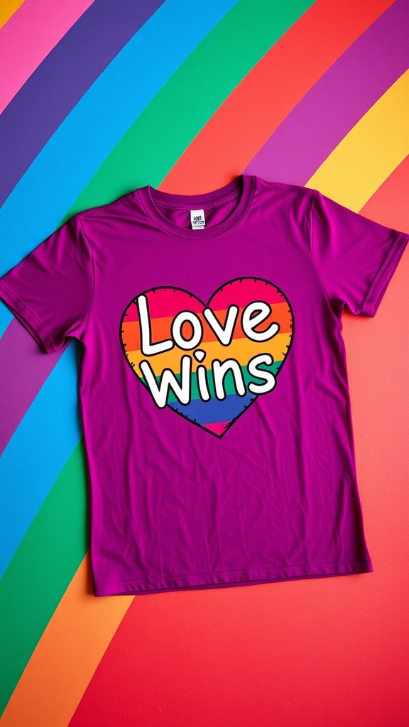 A vibrant purple t-shirt with the text 'Love Wins' in a colorful heart design, set against a rainbow background.