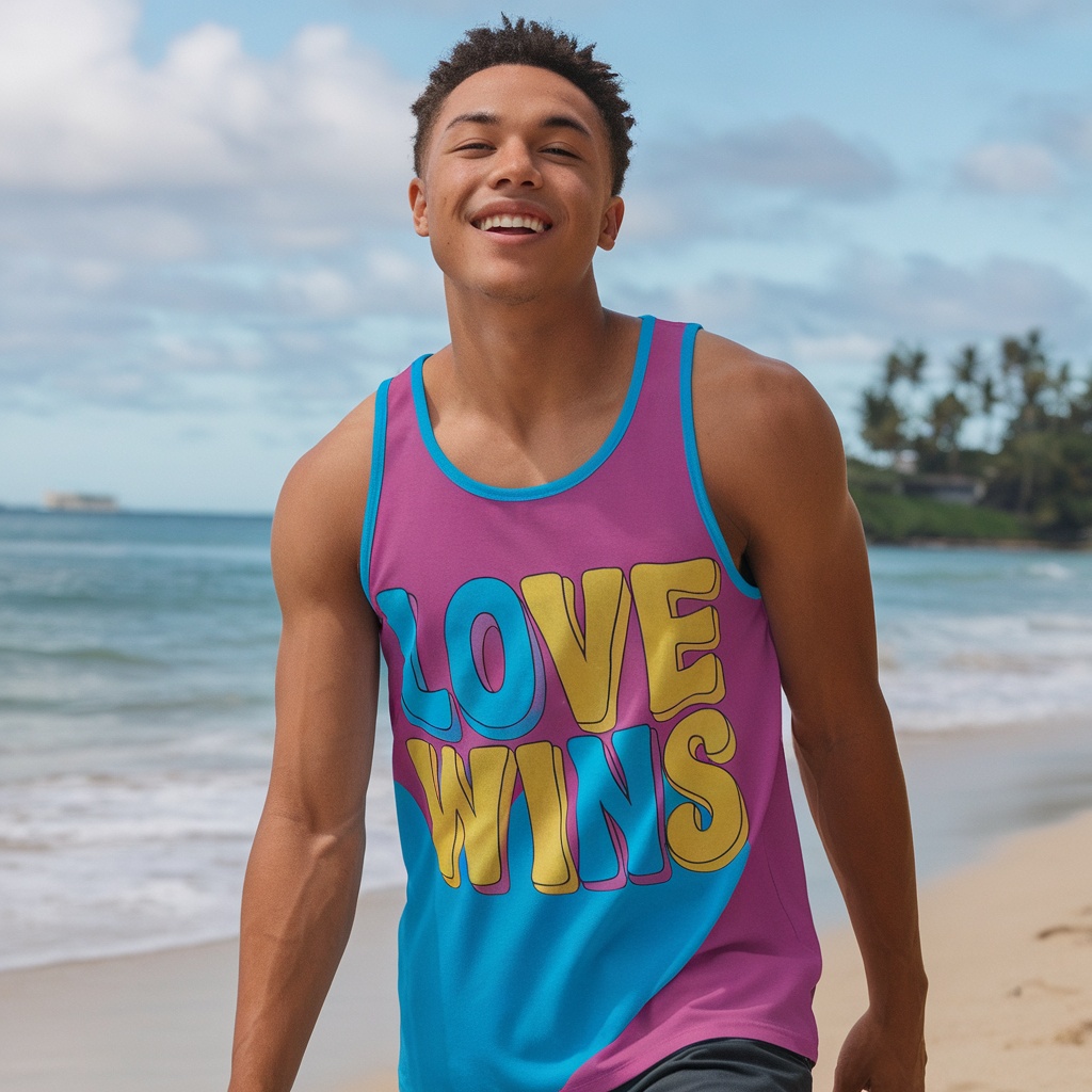 A young person smiling while wearing a colorful 'Love Wins' tank top at the beach.