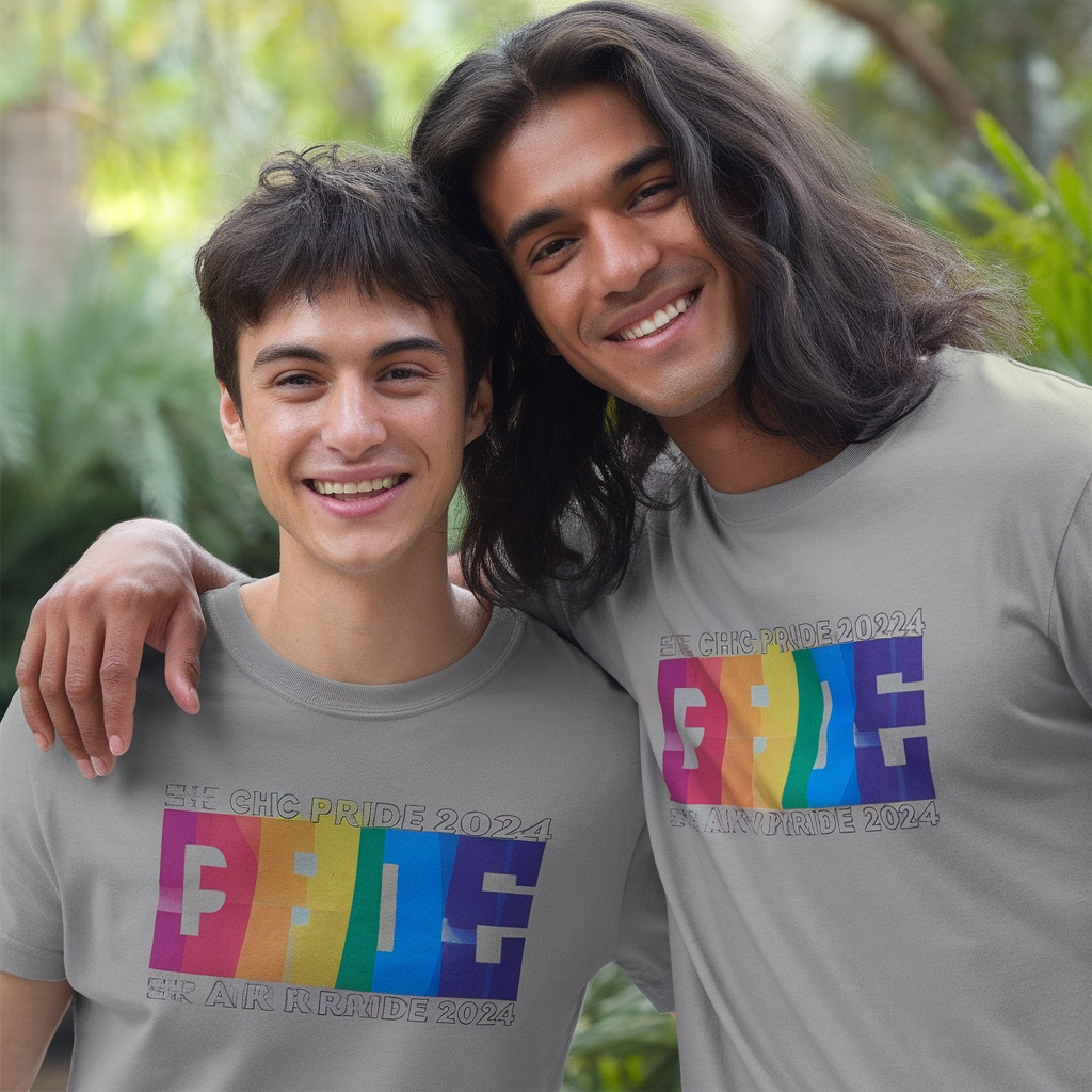 Two smiling young men wearing Pride 2024 graphic t-shirts outdoors