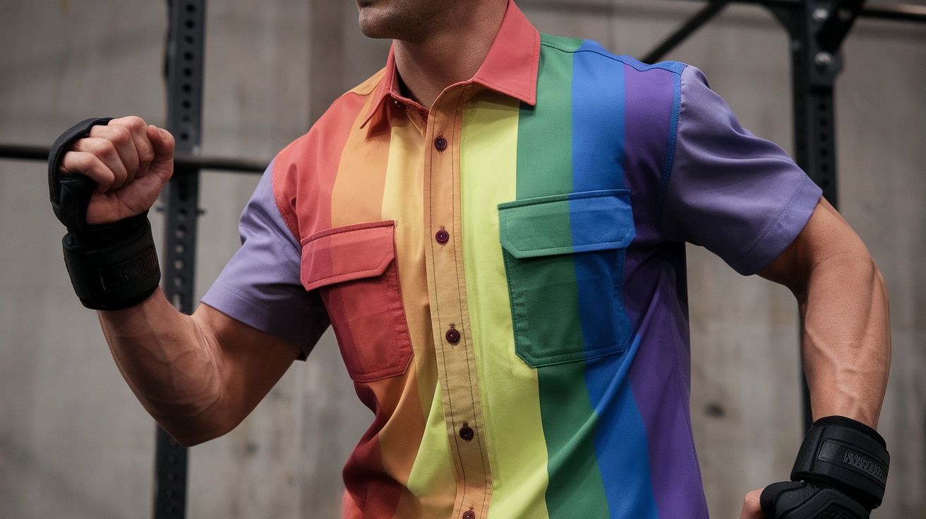 A model wearing a colorful Pride Combat Shirt with rainbow stripes, flexing their arm.