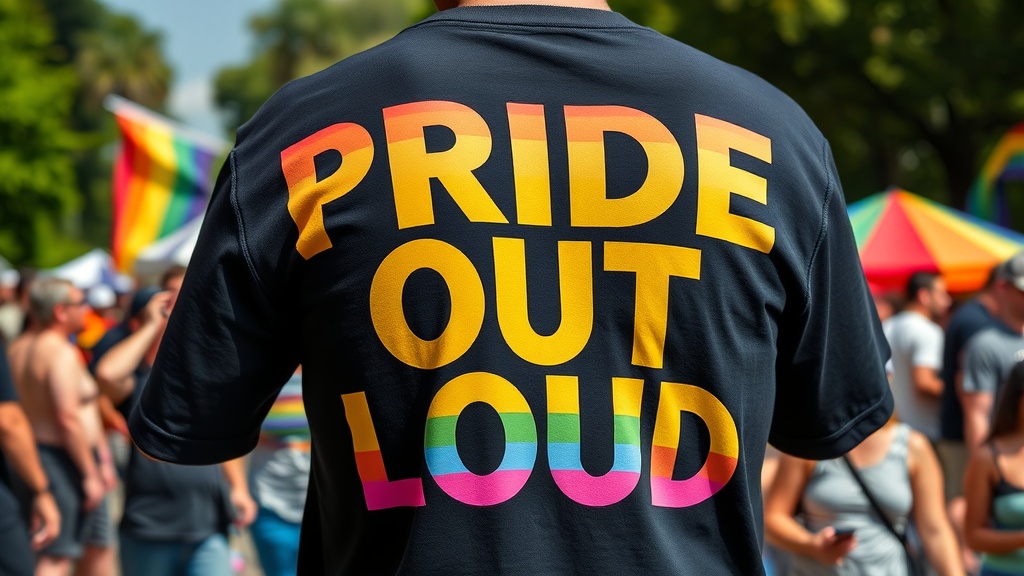 Person wearing a black Pride Out Loud T-Shirt at a pride event.