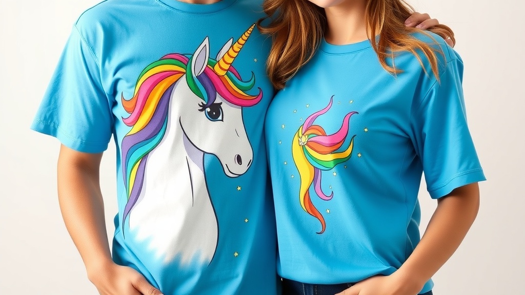 Colorful unicorn illustration with a rainbow mane against a blurred outdoor background