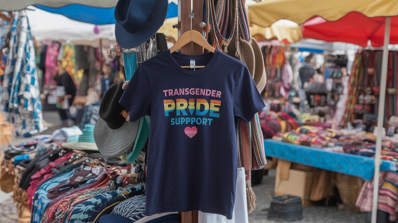 Transgender Pride Support T-Shirt hanging in a market