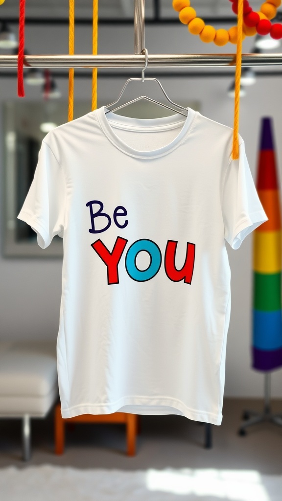 A white t-shirt featuring the phrase 'Be You' in colorful letters, displayed on a hanger.