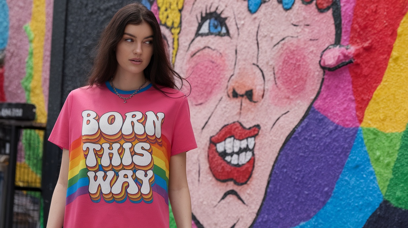 A model wearing a pink 'Born This Way' t-shirt in front of a colorful mural.
