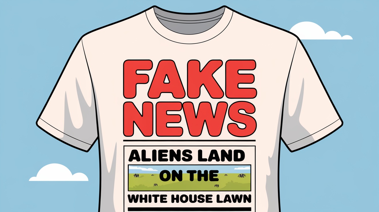 A shirt design featuring the text 'FAKE NEWS' in bold letters with a graphic of the Earth.