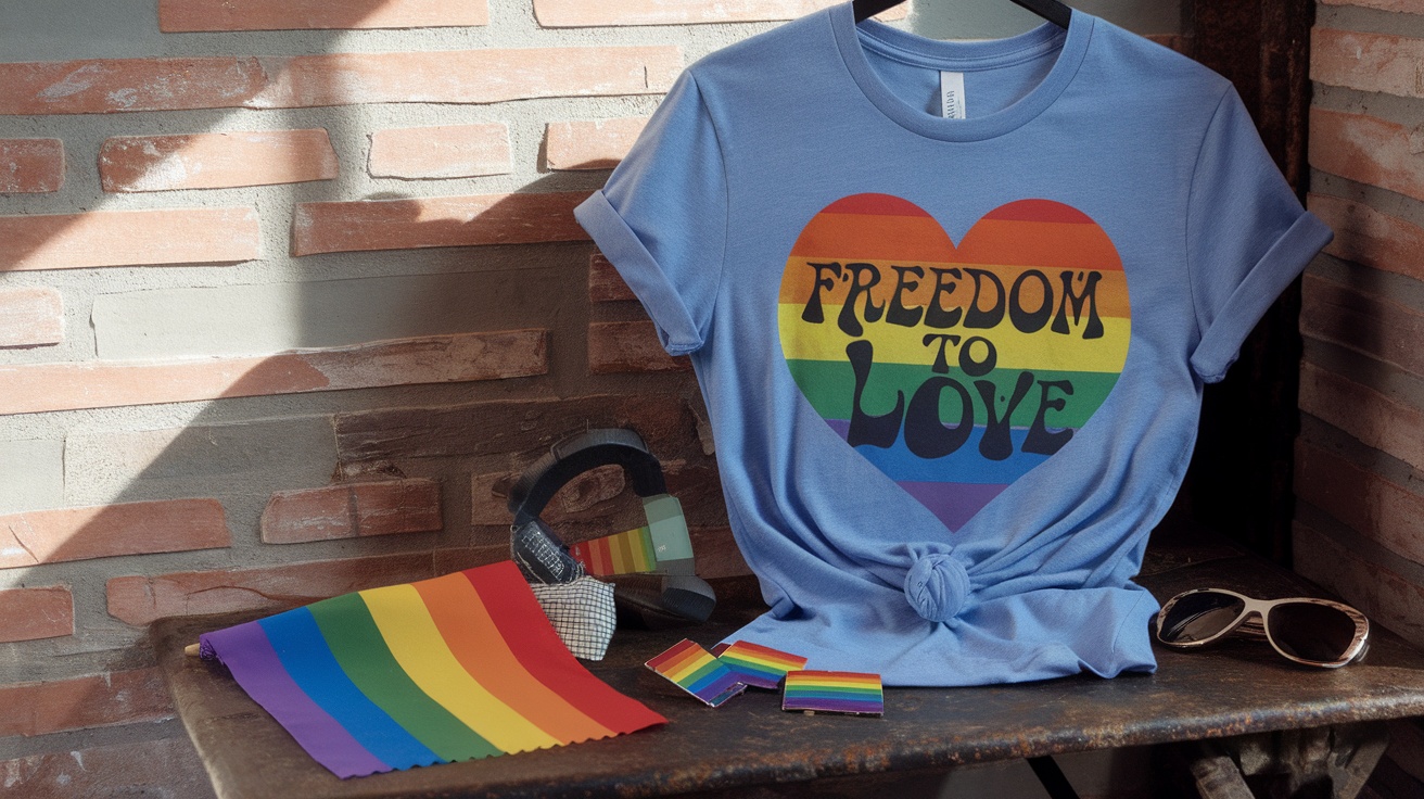 A blue t-shirt with a rainbow heart design and the words 'Freedom to Love'.