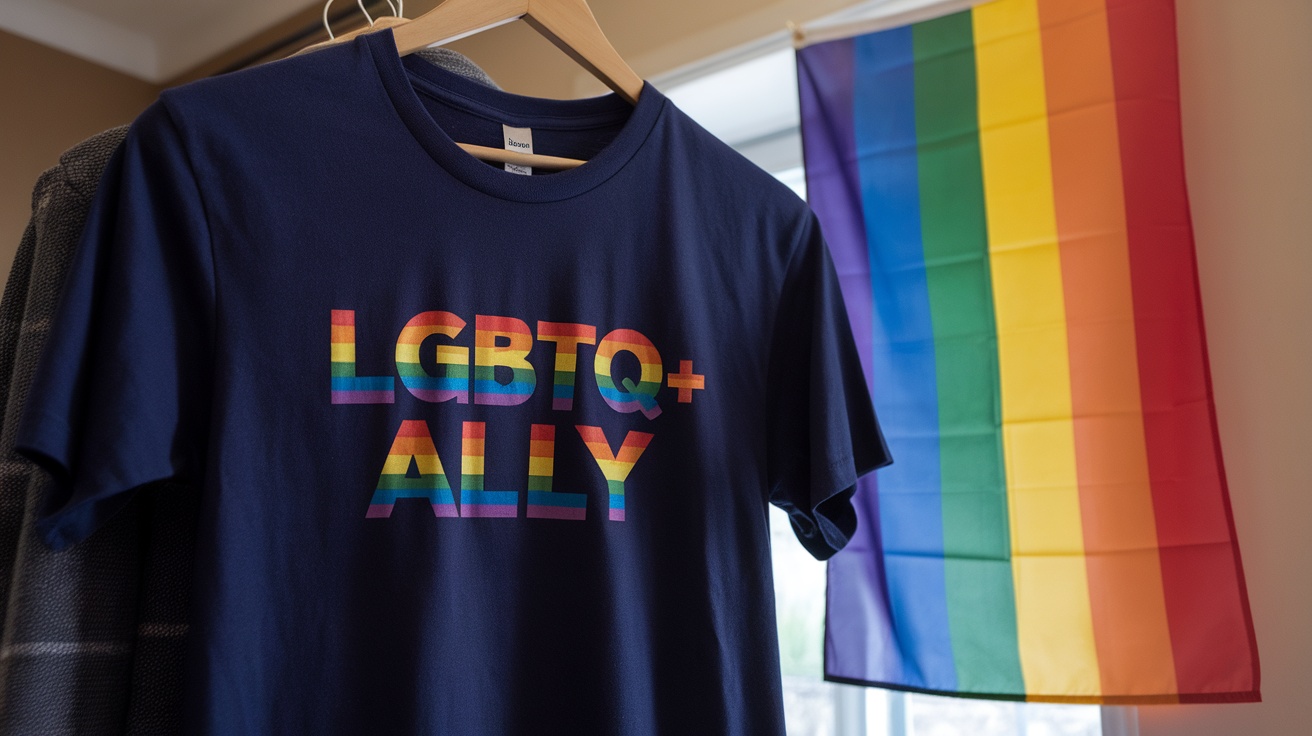 LGBTQ+ Ally T-shirt hanging with a rainbow flag in the background