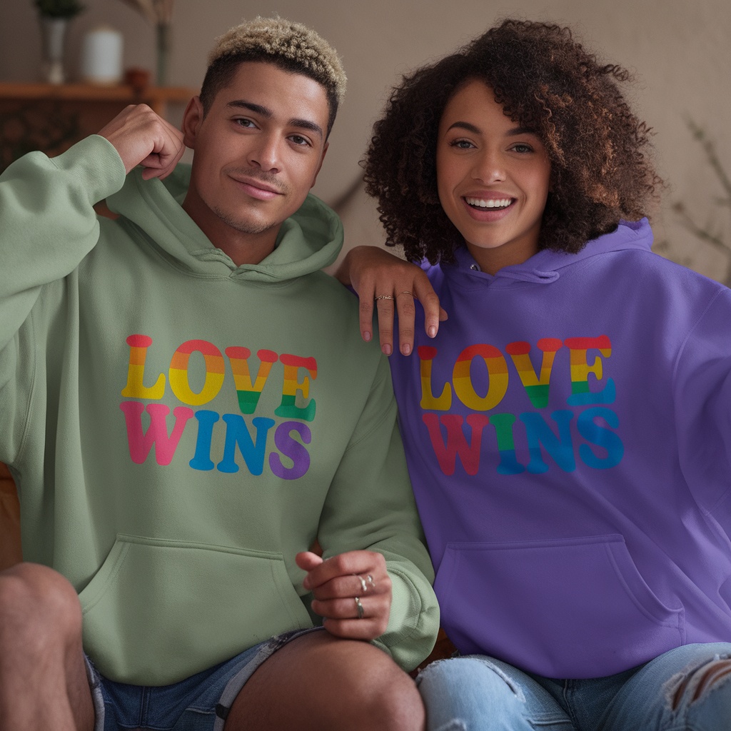 Two individuals wearing Love Wins hoodies in different colors, smiling together.