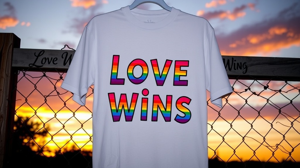 A white t-shirt featuring the words 'Love Wins' in rainbow colors against a sunset background.