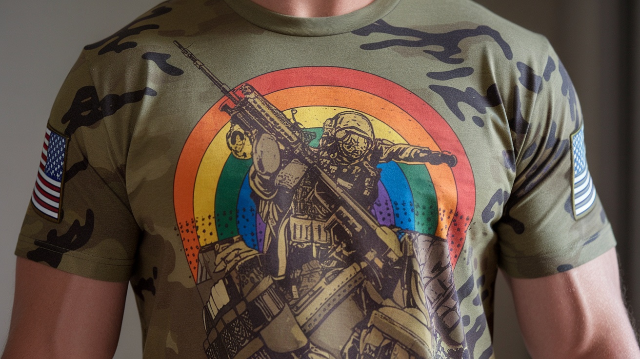 Military Pride Graphic Tee featuring a soldier with a rainbow backdrop