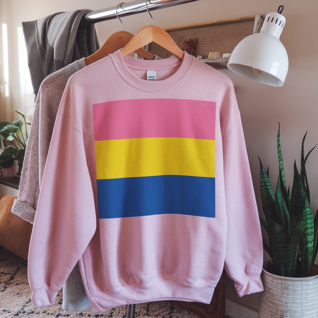 Pansexual pride sweatshirt displayed on a hanger