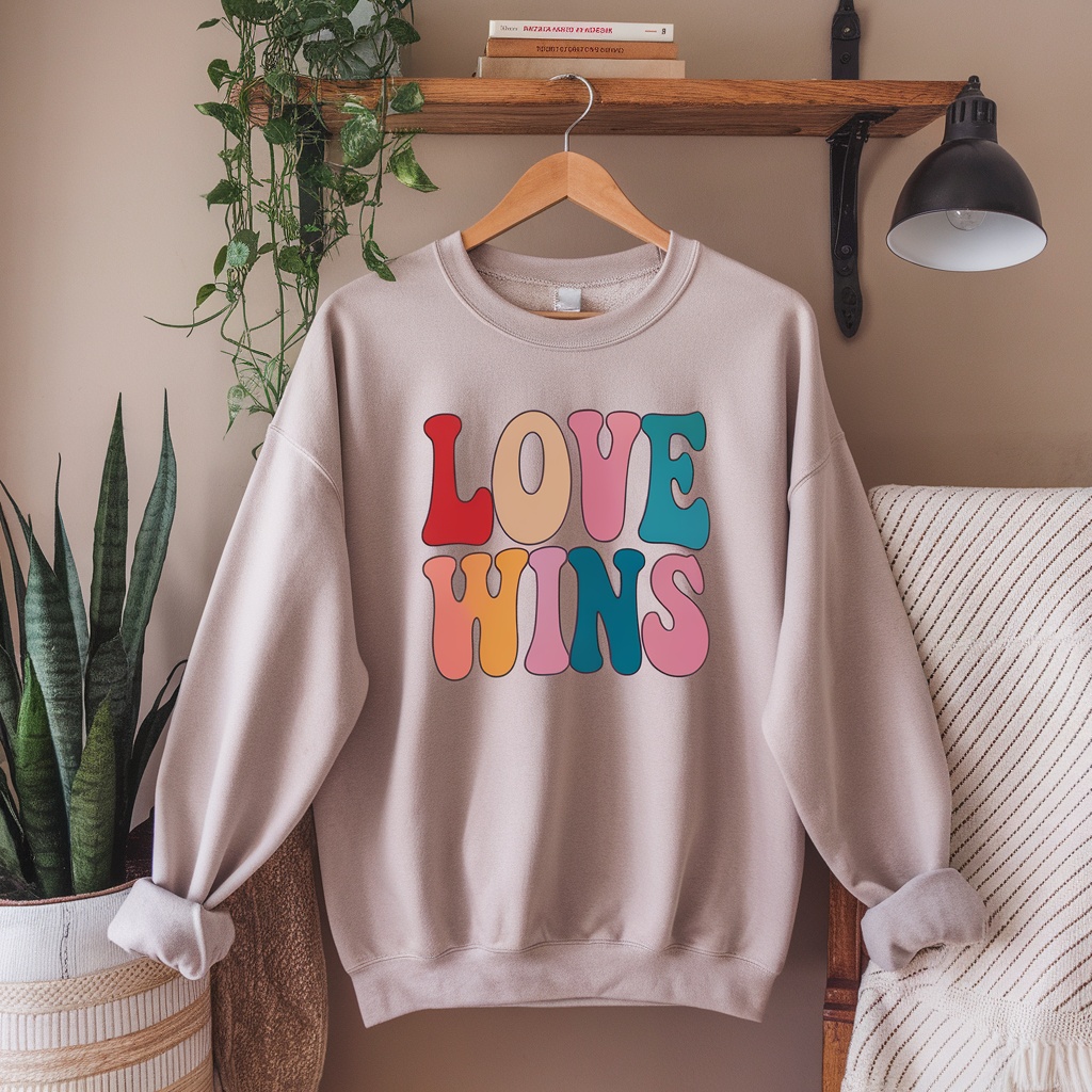 Pride Love Wins Crewneck Sweatshirt displayed on a hanger