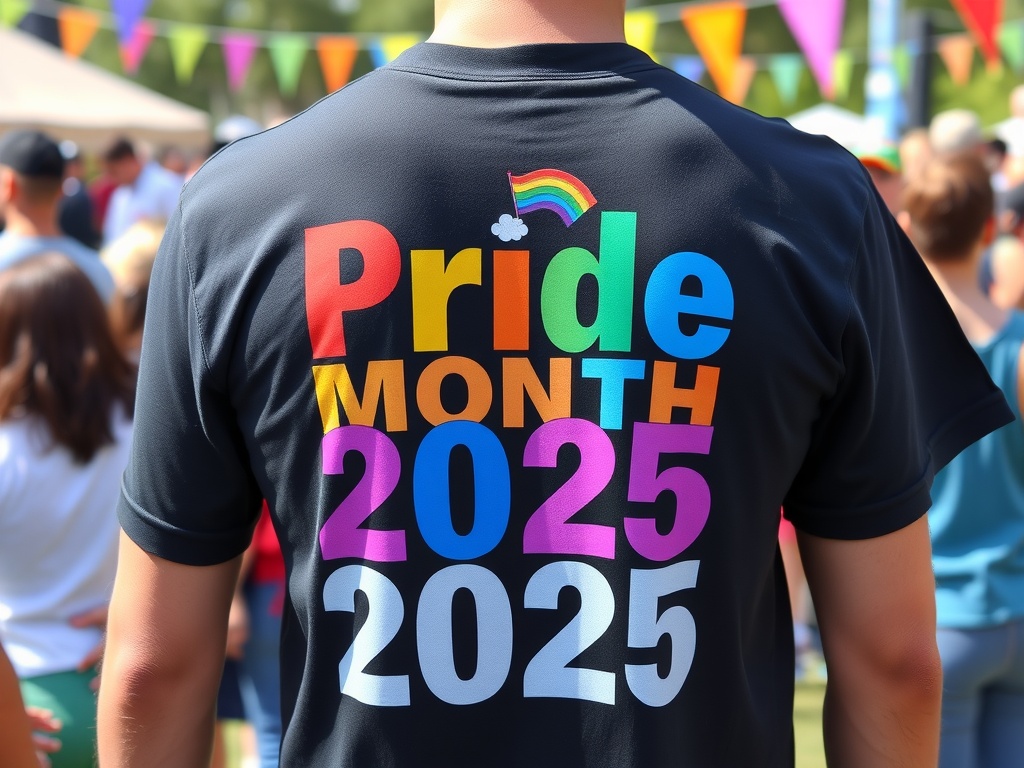 A person wearing a Pride Month 2023 T-shirt, surrounded by a lively festival atmosphere.