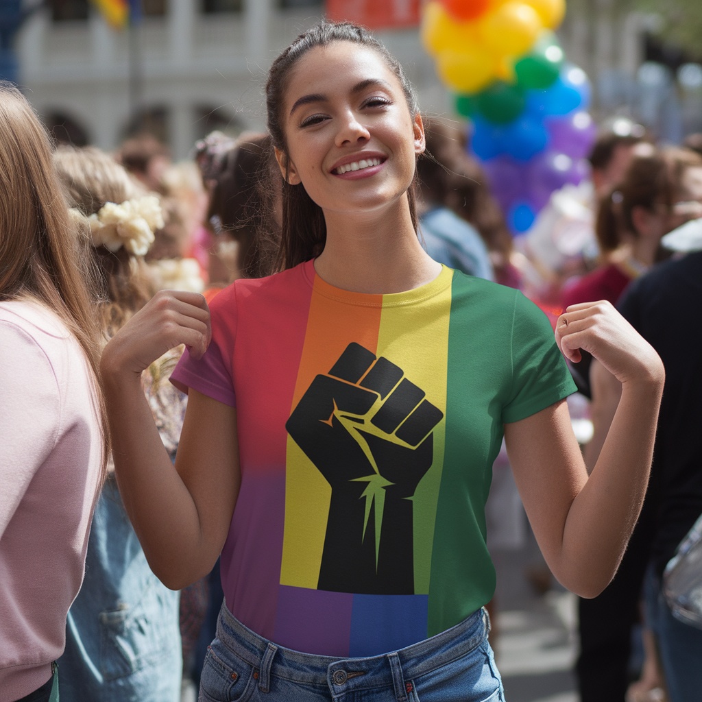 A young woman smiling and wearing a colorful Pride Power T-Shirt at a pride event.
