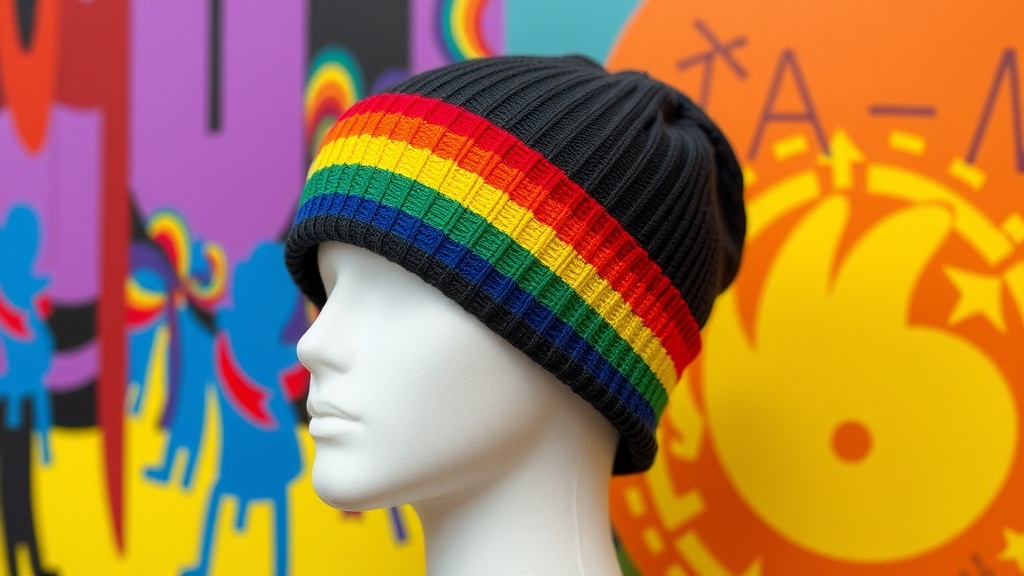A black beanie with a rainbow band, showcasing vibrant colors against a colorful background.