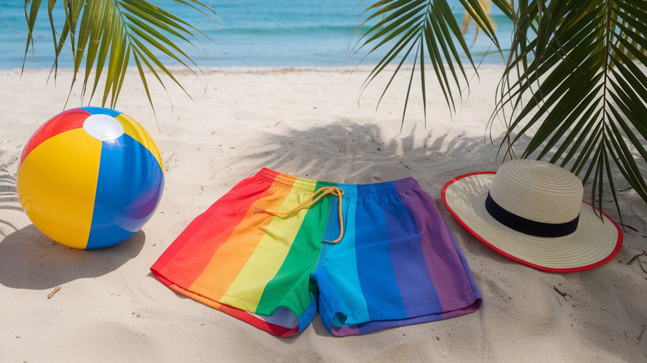 Pride Rainbow Shorts on a sandy beach with a beach ball and straw hat.