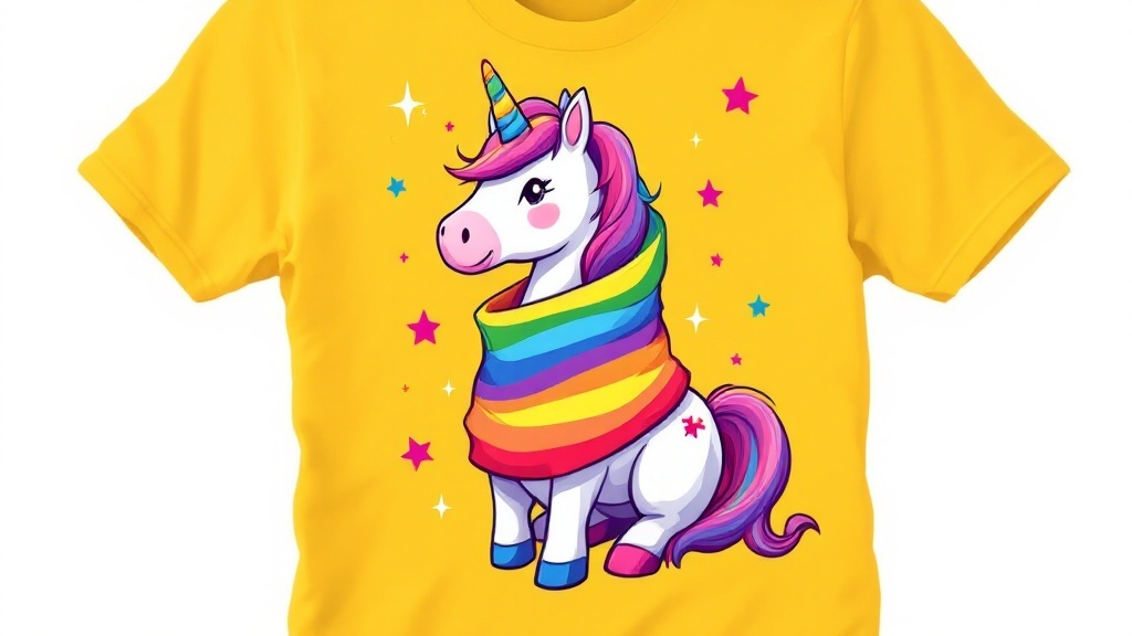 A yellow t-shirt featuring a colorful unicorn with a rainbow.