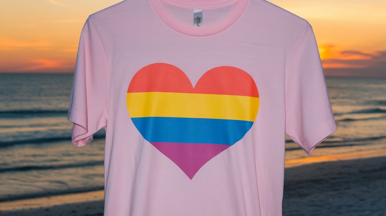 Pink t-shirt with a colorful heart design representing the Transgender pride flag