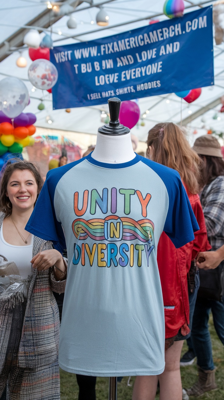 A colorful t-shirt with 'UNITY IN DIVERSITY' text displayed on a mannequin at a pride event.