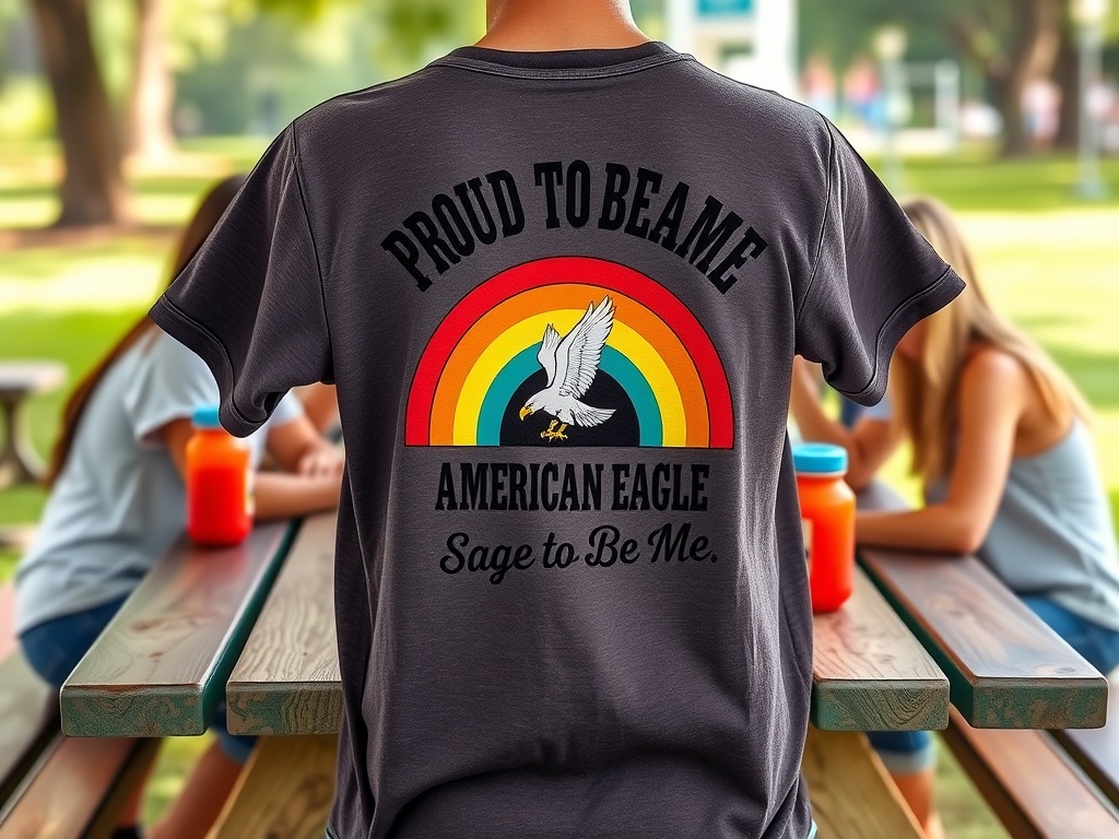 A person wearing an American Eagle Pride T-Shirt with a rainbow design.