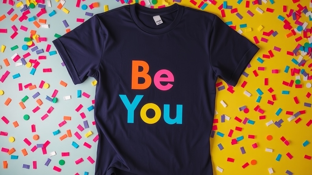 Be You T-Shirt with colorful lettering on a confetti-covered background