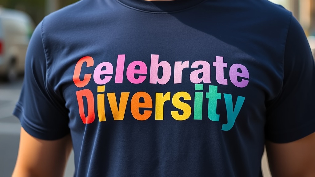 A close-up of a navy t-shirt with the words 'Celebrate Diversity' in colorful lettering.