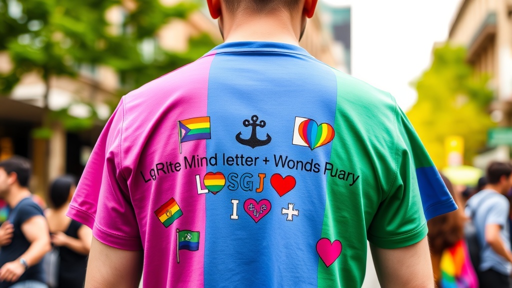 A person wearing a colorful LGBTQ+ pride t-shirt with various flags and symbols.