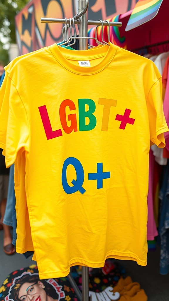 A bright yellow LGBTQ+ pride t-shirt hanging on a rack, showcasing colorful letters.