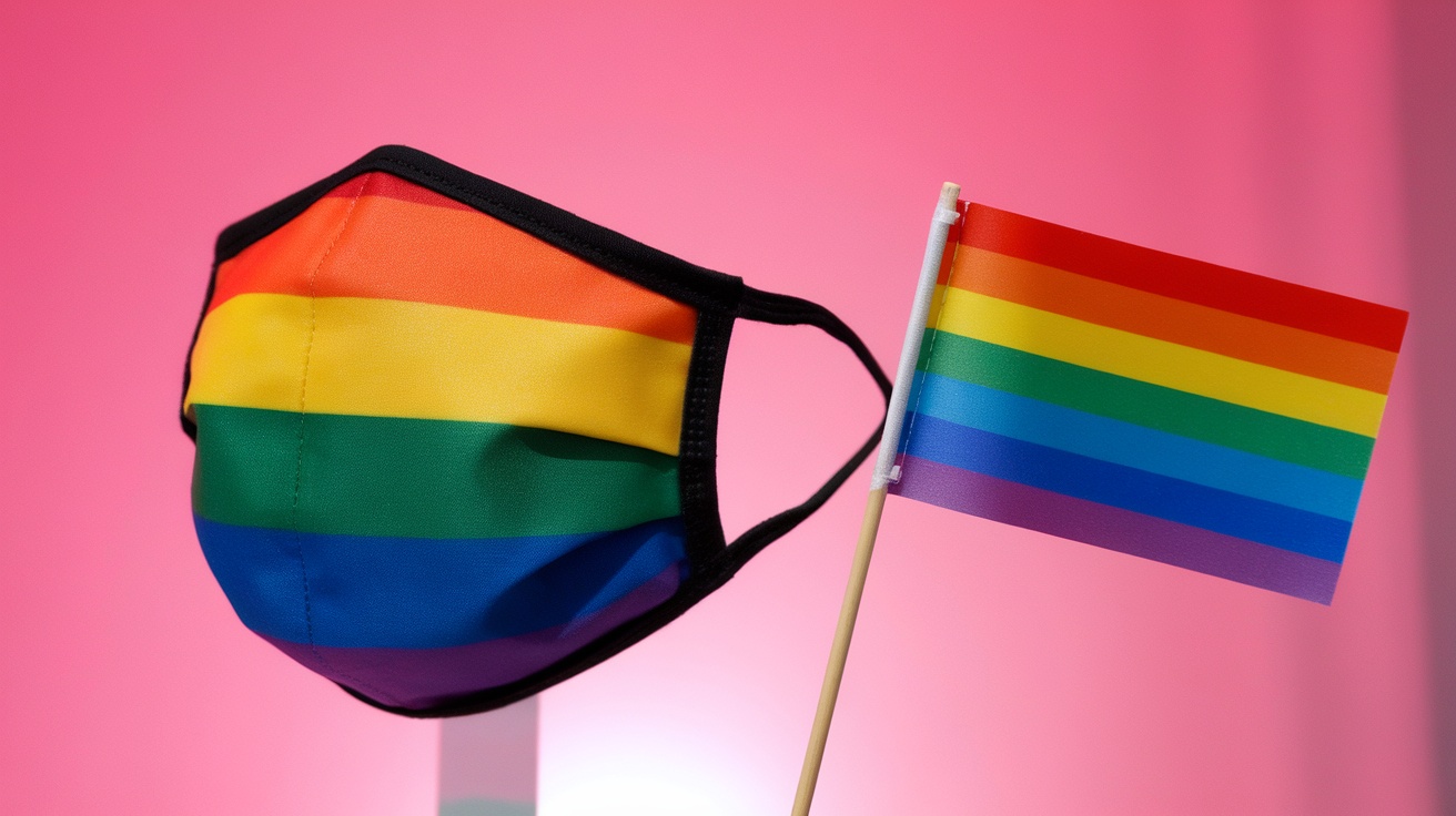 A Pride Flag face mask next to a small rainbow flag against a pink background
