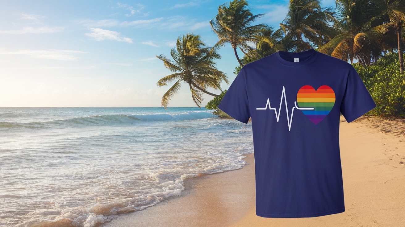 Pride Flag Heartbeat T-Shirt displayed on a beach