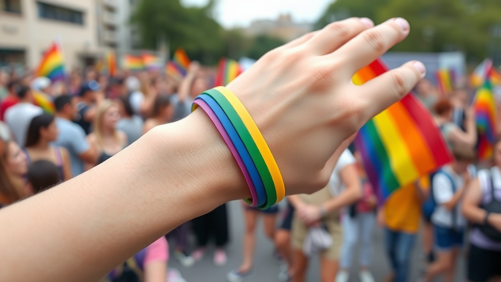 A hand wearing colorful pride flag wristbands with a crowd celebrating in the background.