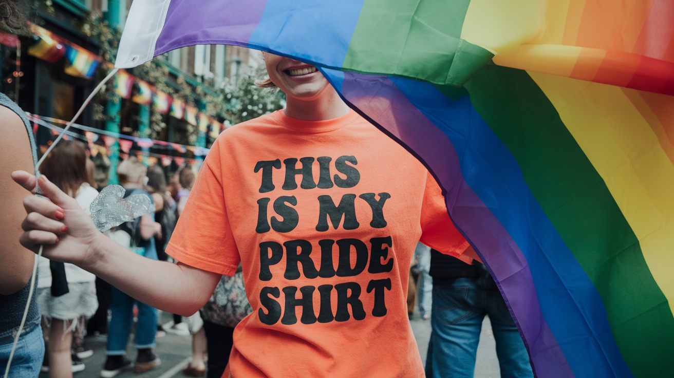 A person wearing a bright orange t-shirt that says 'THIS IS MY PRIDE SHIRT', holding a rainbow flag.