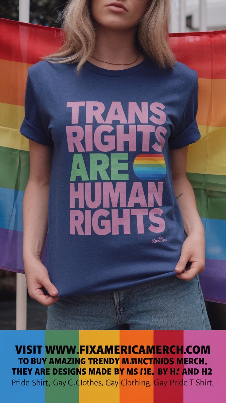 Person wearing a blue t-shirt with the text 'TRANS RIGHTS ARE HUMAN RIGHTS' in pink and green, standing in front of a rainbow flag.
