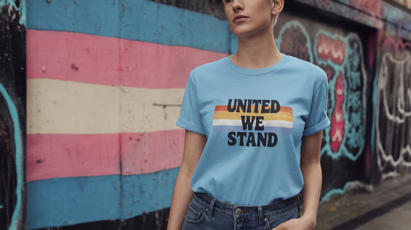 A person wearing a light blue t-shirt that says 'United We Stand' with rainbow stripes, standing against a colorful wall.