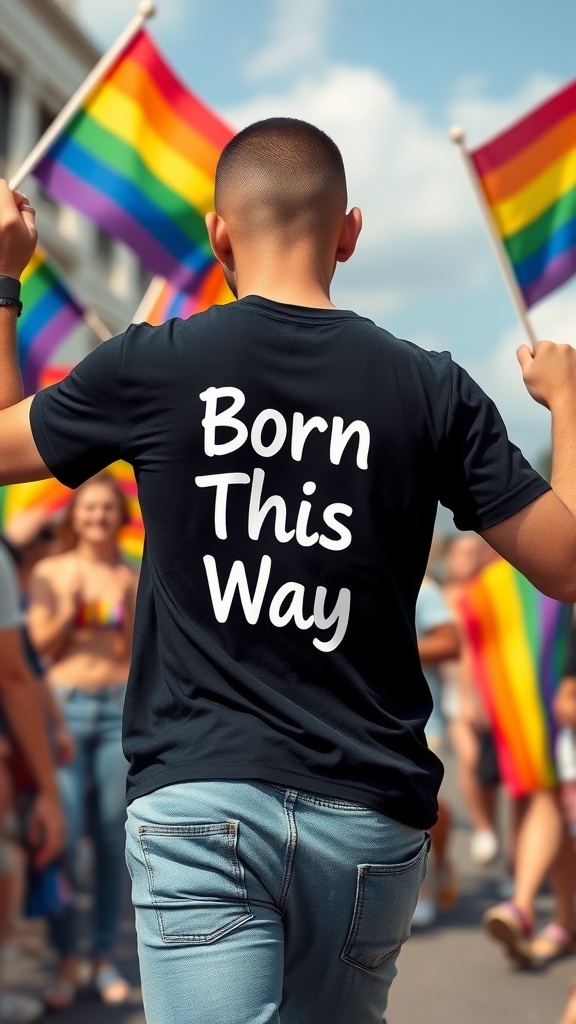 A person wearing a black t-shirt that says 'Born This Way' at a pride event, holding rainbow flags.