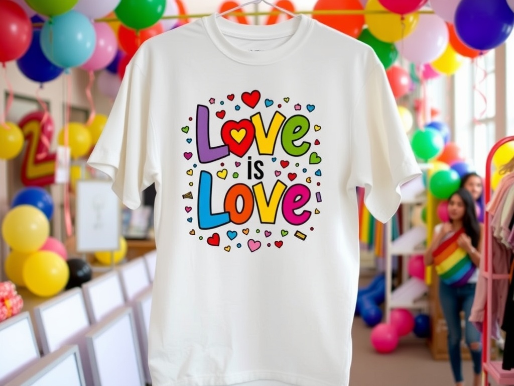 A white t-shirt with the text 'Love is Love' surrounded by colorful hearts.