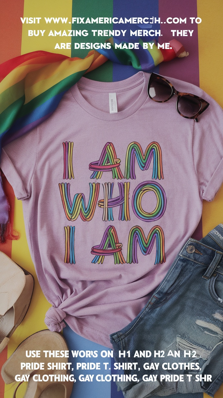 I Am Who I Am T-Shirt with rainbow design on a colorful background