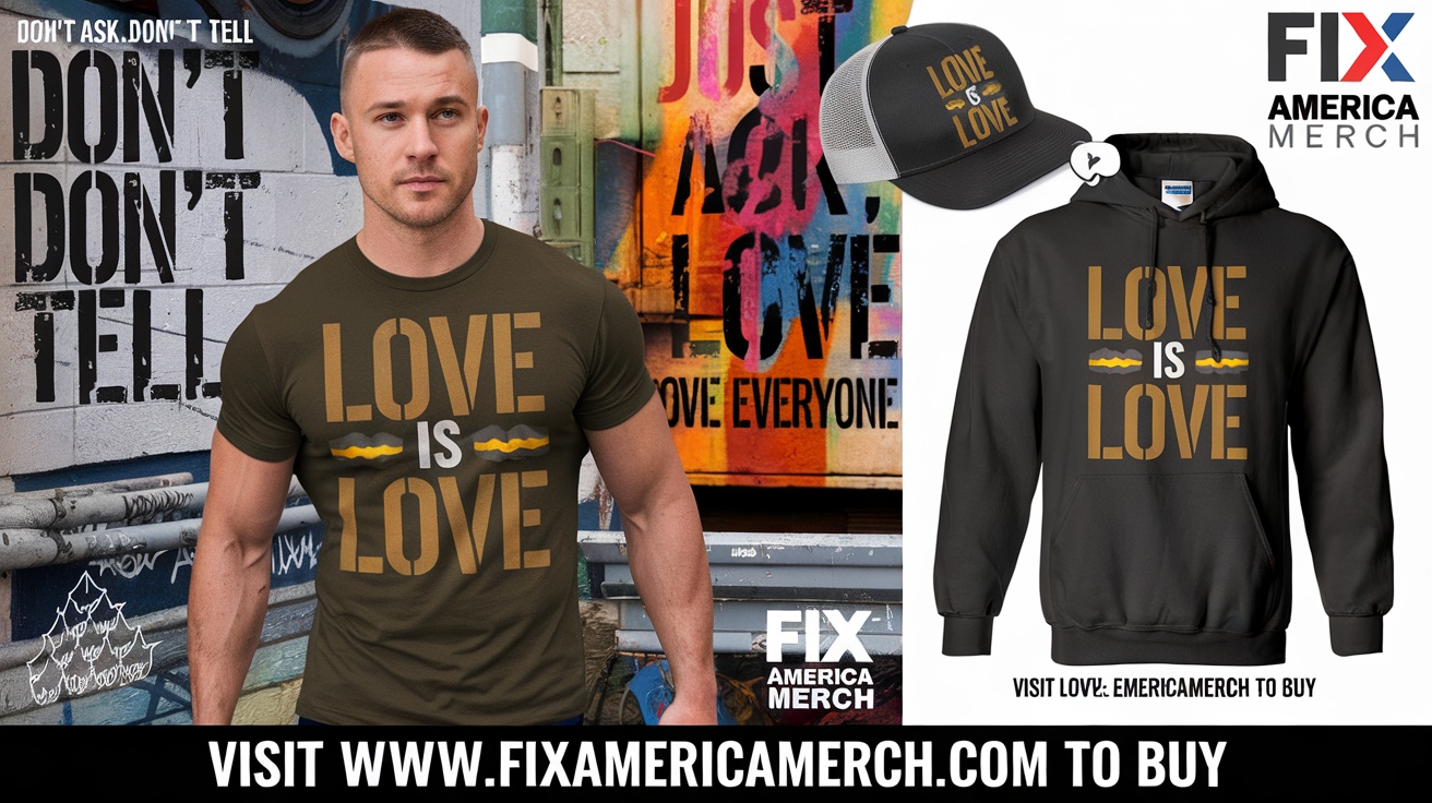 A man wearing a Love Is Love military tee standing in front of a colorful graffiti wall.