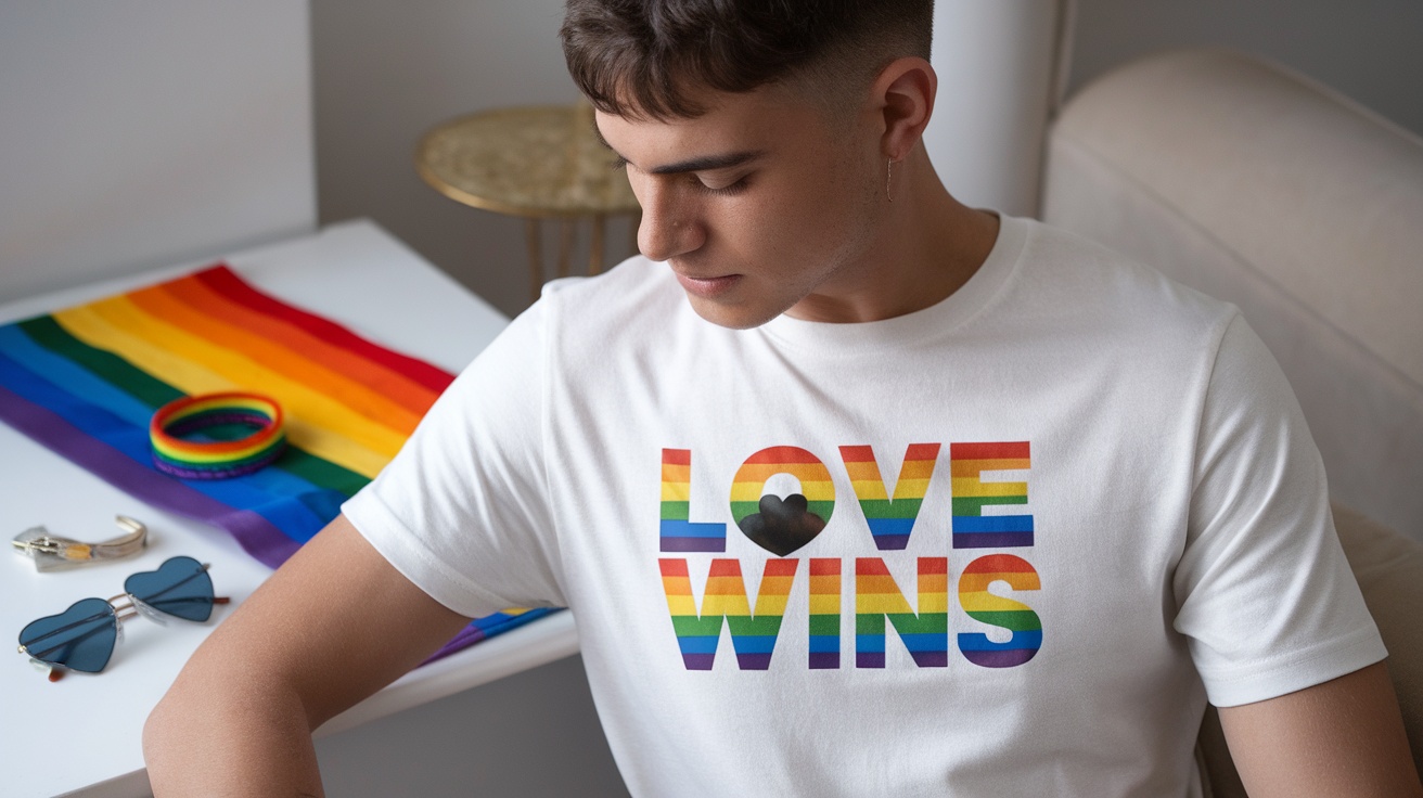 A man wearing a 'Love Wins' pride t-shirt with rainbow colors.