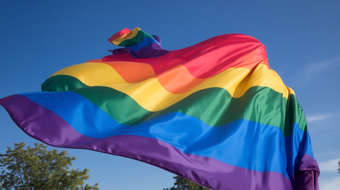 A colorful Pride rainbow cape waving in the wind against a blue sky.