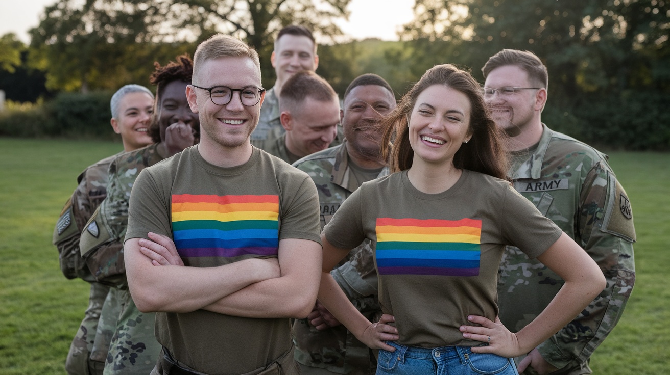 A group of smiling individuals wearing Rainbow Flag Army T-Shirts outdoors.